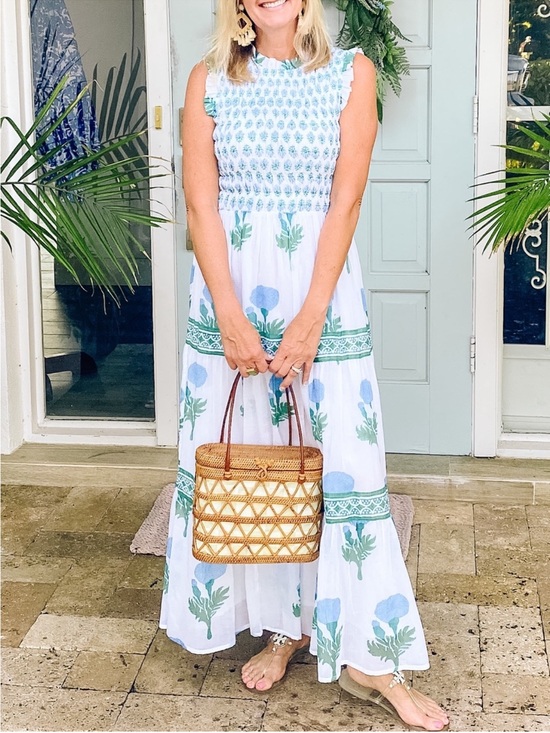 Oliphant Dresses & Skirts - Oliphant White Maxi Dress Blue Green Floral Print Smocked Sleeveless XXS